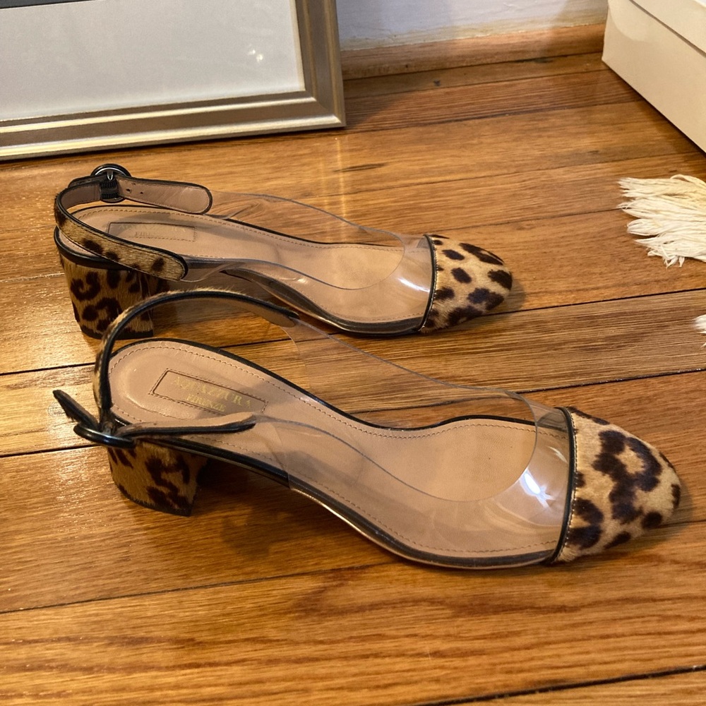 Aquazzura Women's Optic Leopard PVC block heel slingback pony hair shoes